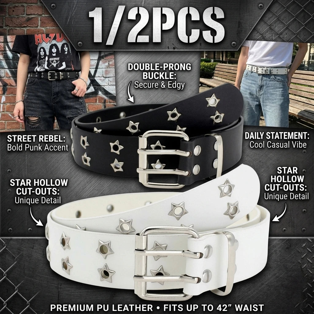 Y2K Punk Rivet PU Belt | Double Row Star Eyelet Waistband Punk Fashion Belt QXL