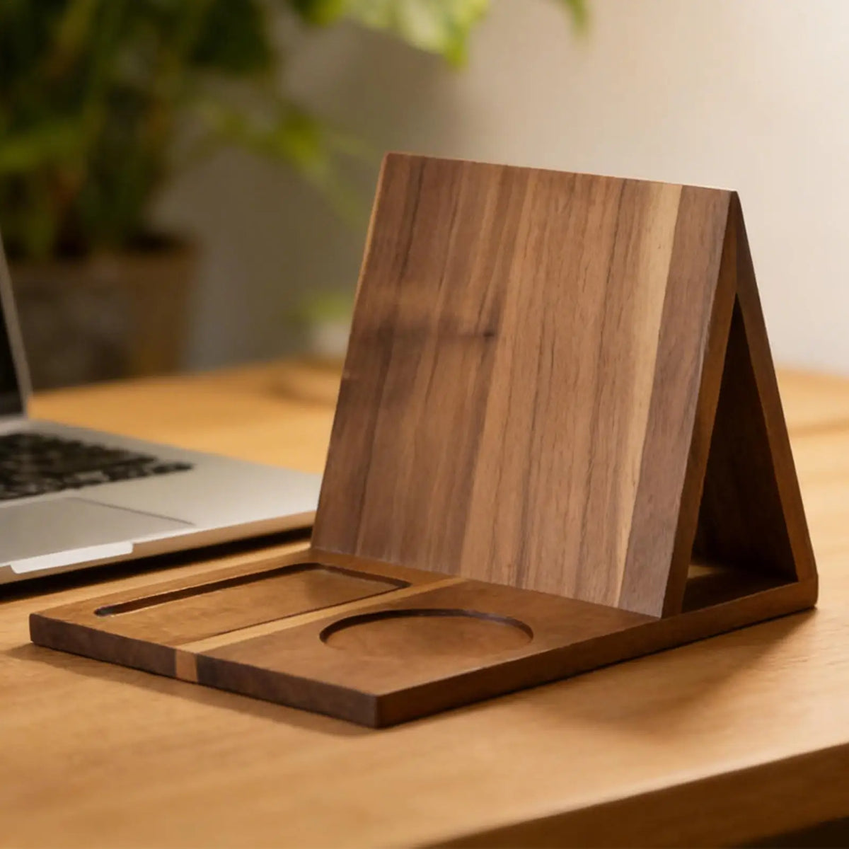 Wooden Book Stand with Drink Holder & Phone Slot | Triangle Wooden Book Stand QXL
