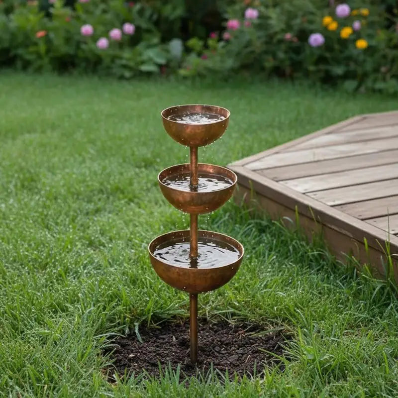 3-Tier Metal Rain Catcher Garden Stake | Bird Bath Ornament Garden Stake Ornament QXL