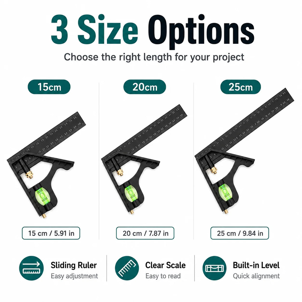 Adjustable Combination Square Ruler | 45° & 90° Bubble Level Combination Square Ruler QXL