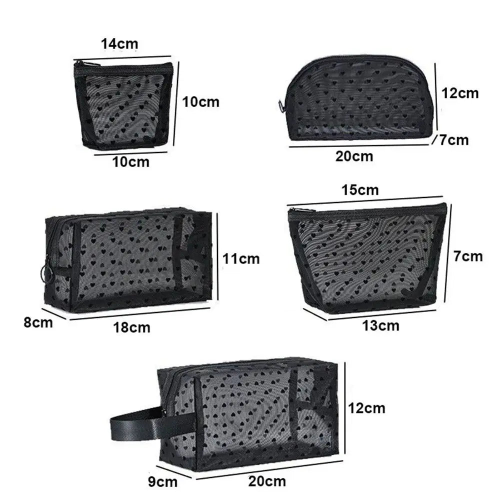 Heart Mesh Makeup Bag – Portable Cosmetic Organizer Black Pink Cosmetic Organizer Bag QXL