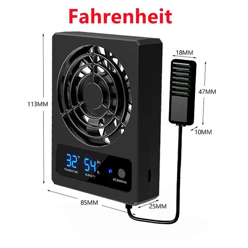 Reptile Tank Smart Cooling Fan | LED Temp & Humidity Sensor Reptile Enclosure Fan QXL Fahrenheit