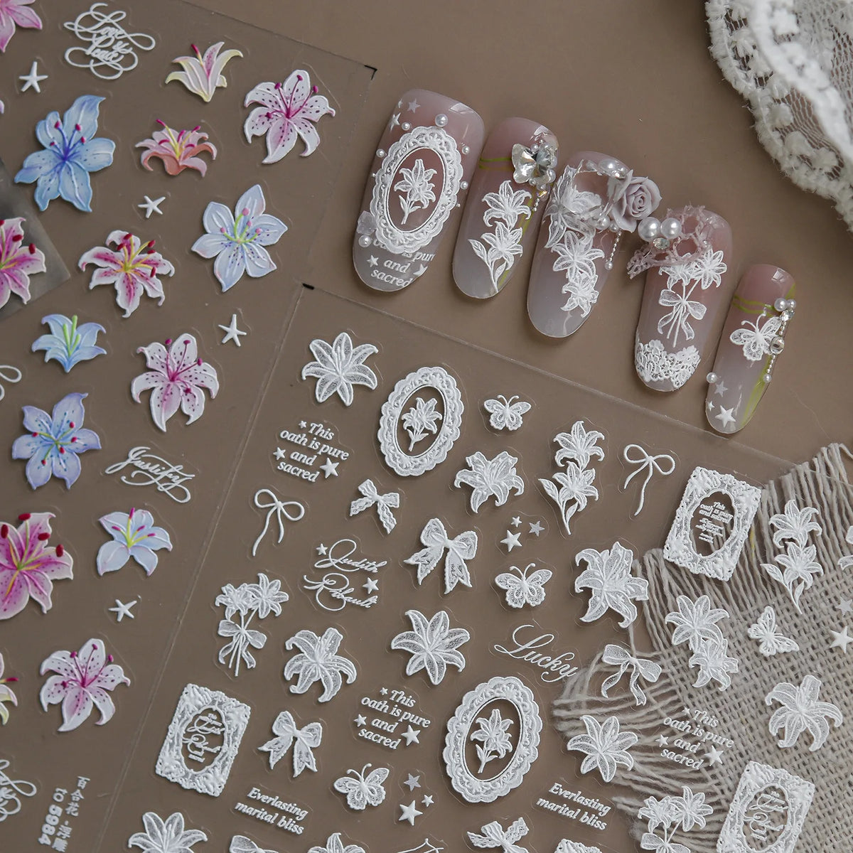 5D Nail Stickers – Lace Lily Flower Vintage French Decals Nail Art Stickers QXL