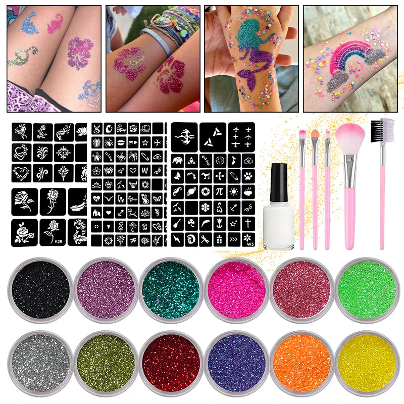 12-Shade Glitter Temporary Tattoo Kit | Stencils & Glue Temporary Tattoo Kit QXL