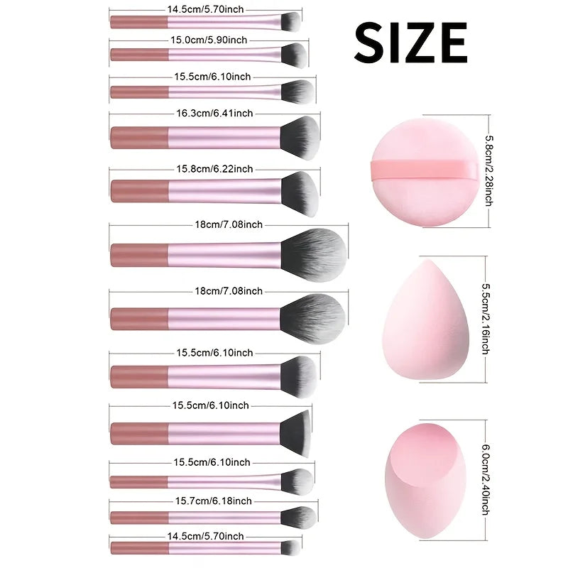 15-Piece Makeup Brush Set | Ultra-Soft Wool Fiber + Sponge Makeup Brush Set QXL