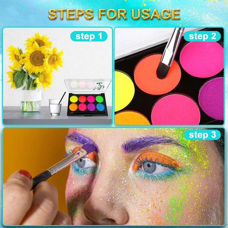 UV Glow Face & Body Paint Set | 8 Colors + Brush, 5-Pack UV Face Body Paint QXL