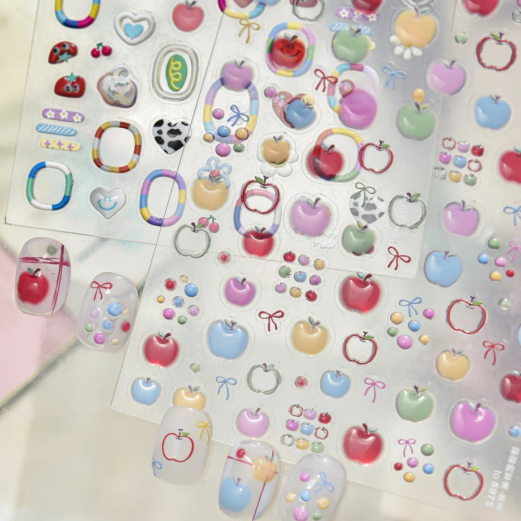 5D Gradient Apple & Bow Nail Stickers | Summer Decals Nail Art Stickers QXL