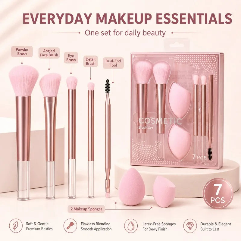7-Piece Makeup Brush & Sponge Set | Rose Gold Handle Makeup Brush Set QXL