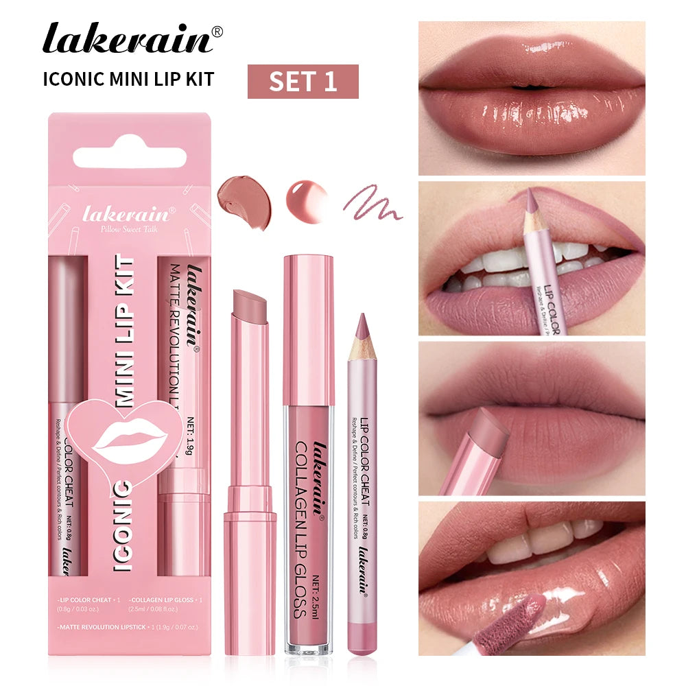 Lakerain Mini Lip Kit – Lipstick, Liner & Gloss Set Lip Makeup Set QXL