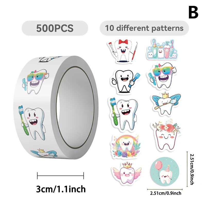 500 Cartoon Tooth Stickers Roll | Kids Dental Reward Stickers Reward Sticker Roll QXL B