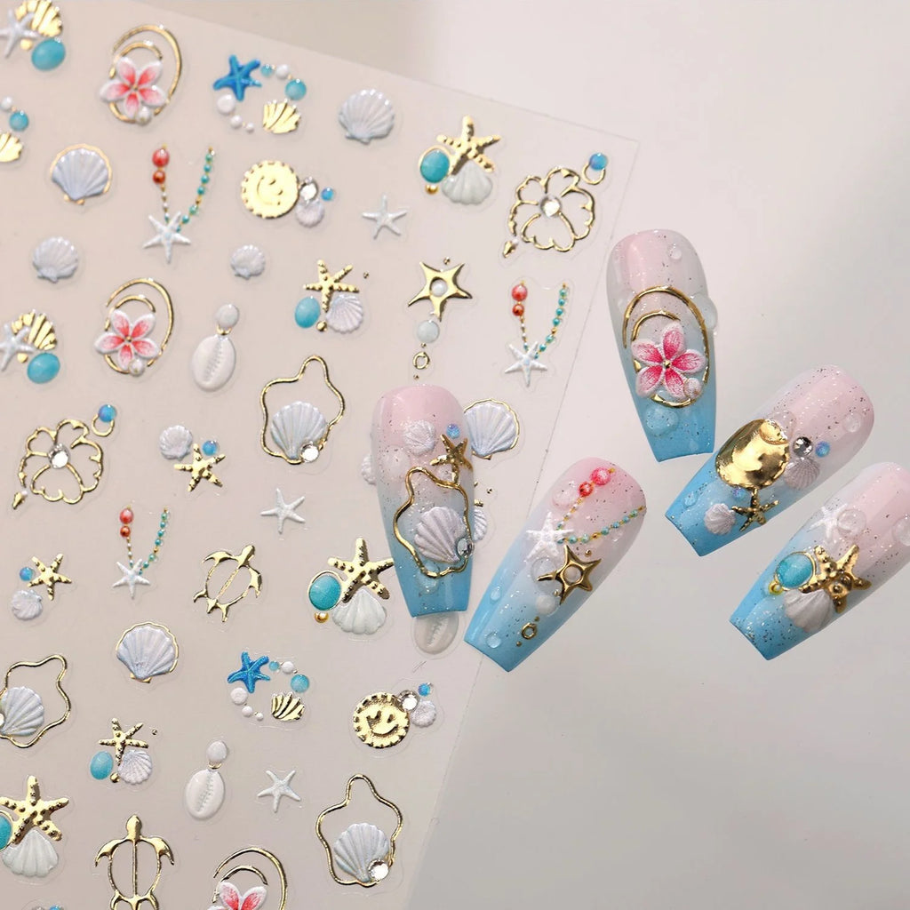 5D Tropical Beach Nail Decals – Seashell & Marine Stickers Nail Art Stickers QXL