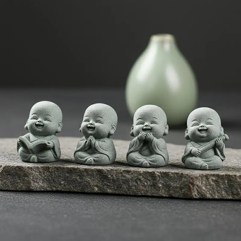 Set of 4 Mini Zen Monk Statues | Resin Home Decor Figurines Decorative Figurine Set QXL