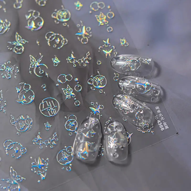 3D French Jelly Nail Stickers – Butterfly Star Moon Holographic Nail Art Stickers QXL
