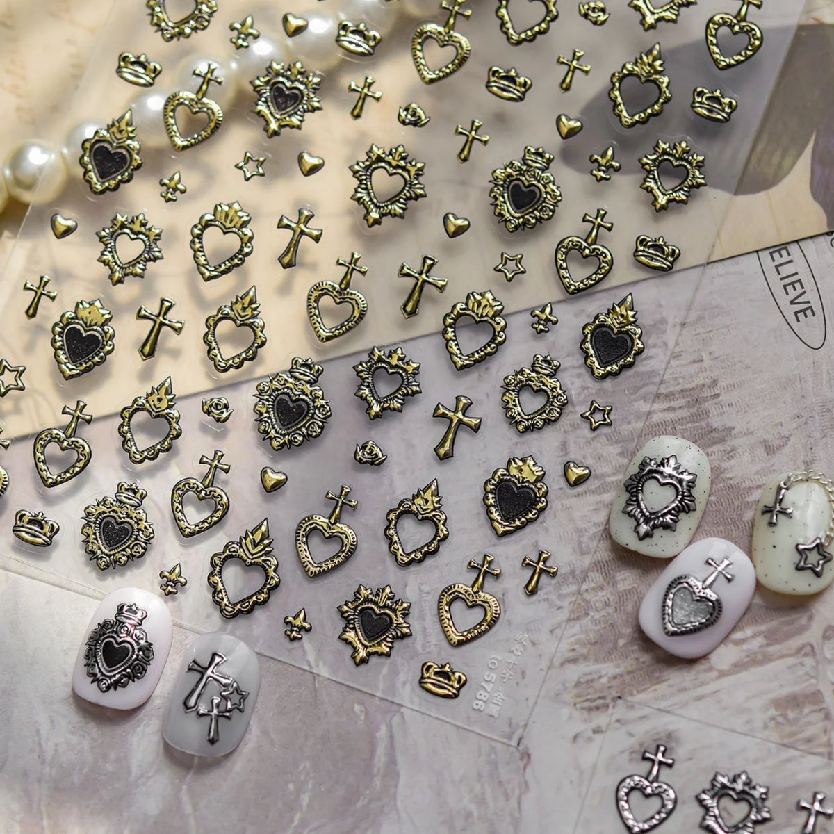 5D Vintage Metal Nail Art Stickers | Y2K Heart Crown Star Decals Nail Art Stickers QXL