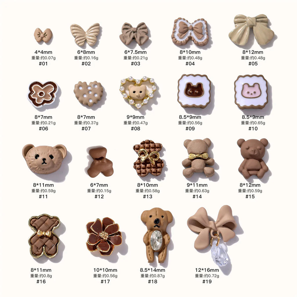 5-Pack 3D Kawaii Alloy Nail Charms – Bear Bow Flower Maillard Nail Art Charms QXL