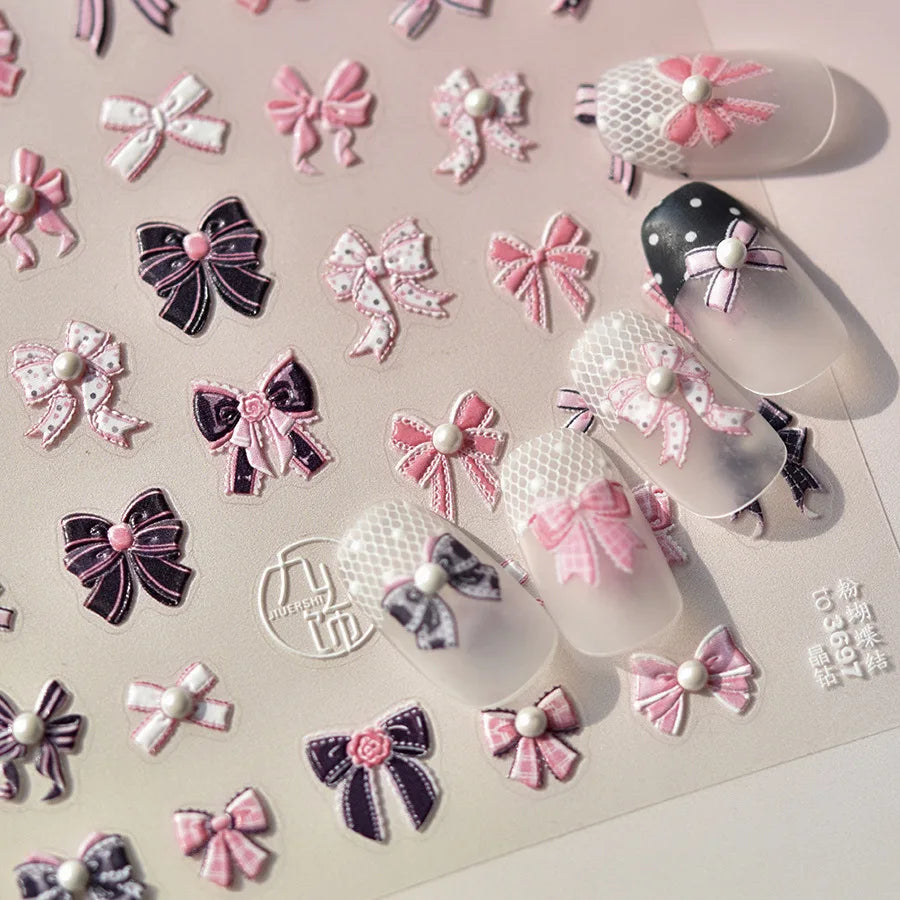 5D Embossed Bow Nail Stickers – Pink Black Macaron Design Nail Art Stickers QXL