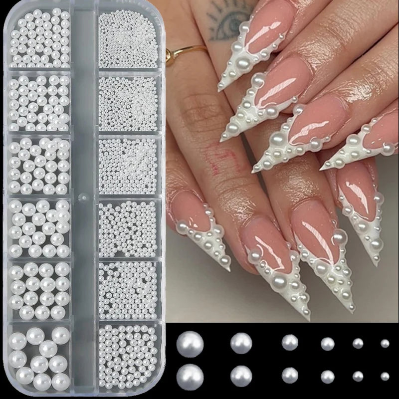 12-Grid Mixed White Pearl Nail Charms | Flatback Bead Set Nail Art Pearls QXL