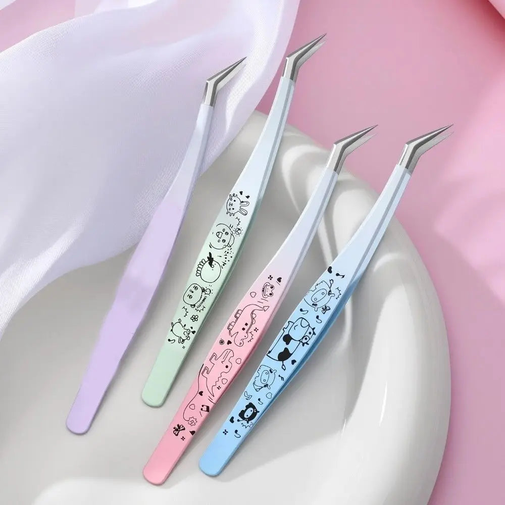 Cartoon Curved Stainless Steel Tweezers for Lash Extensions Eyelash Tweezers QXL