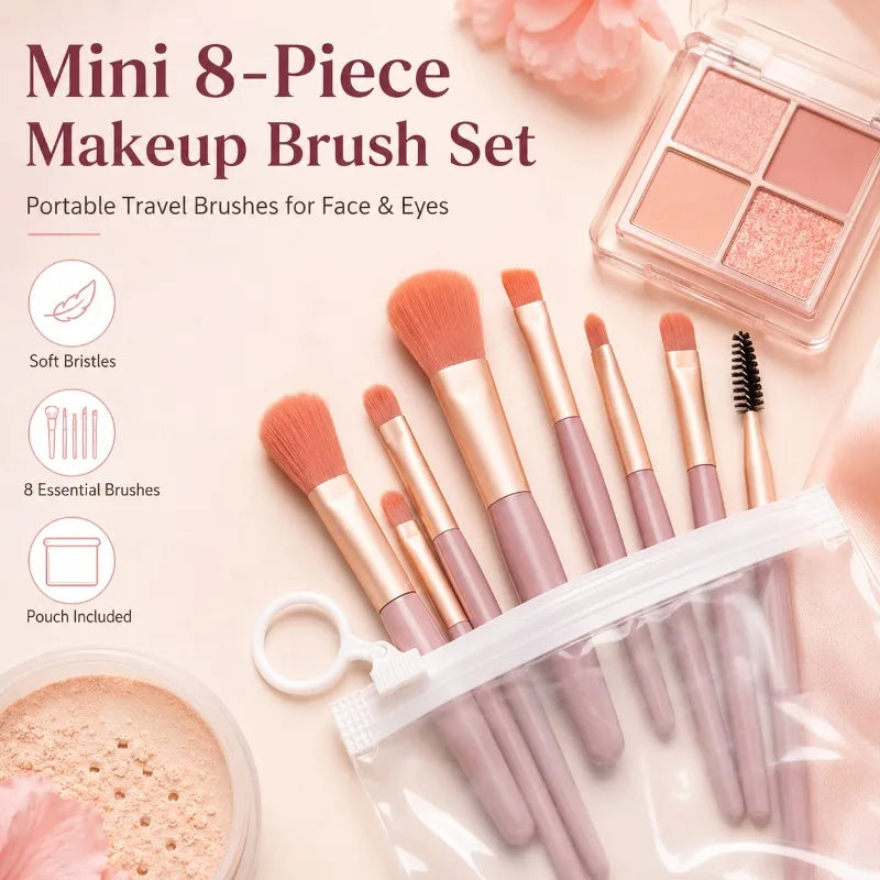 Mini 8-Piece Travel Makeup Brush Set with Zip Pouch Makeup Brush Set QXL