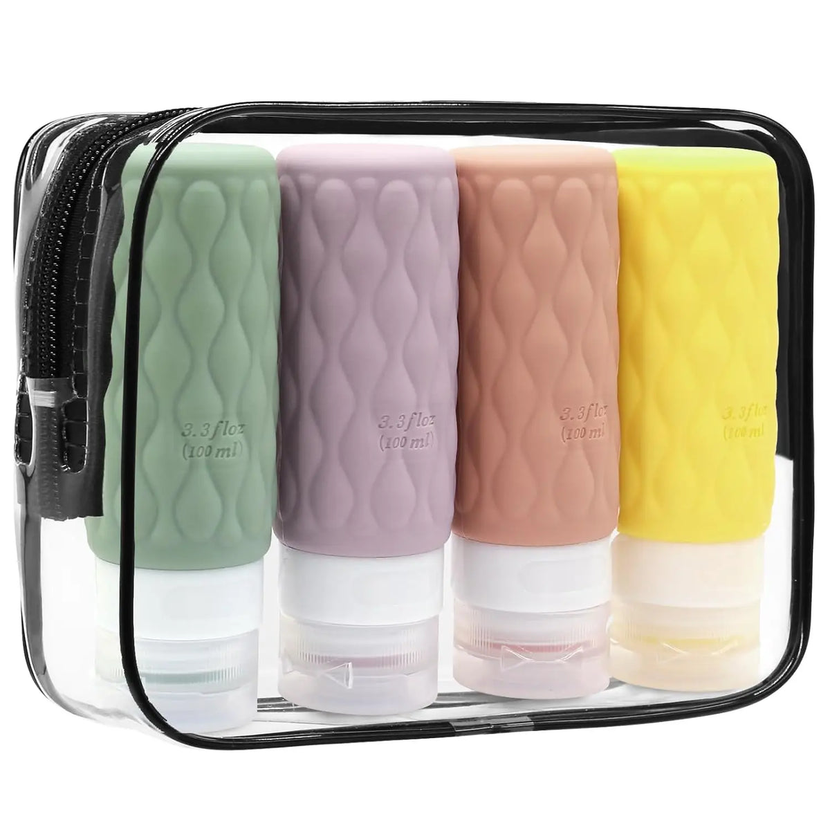 4-Pack 100ml Leak-Proof Silicone Travel Bottles + Toiletry Bag Travel Bottle Set QXL Set A