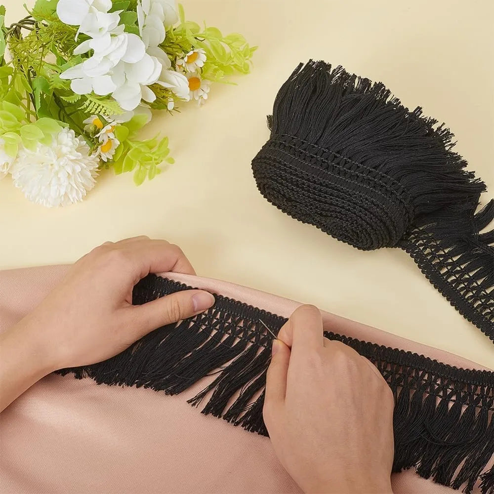 5.5-Yard Black Cotton Tassel Fringe Trim | 3" Boho Sewing Trim Sewing Fringe Trim QXL