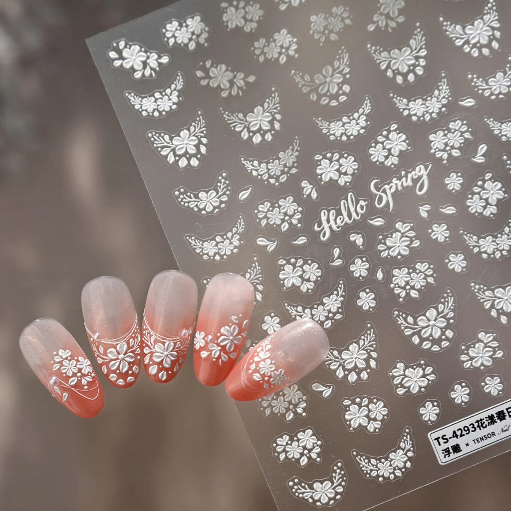 5D White Floral Nail Stickers | Self-Adhesive Spring Decals Nail Art Stickers QXL