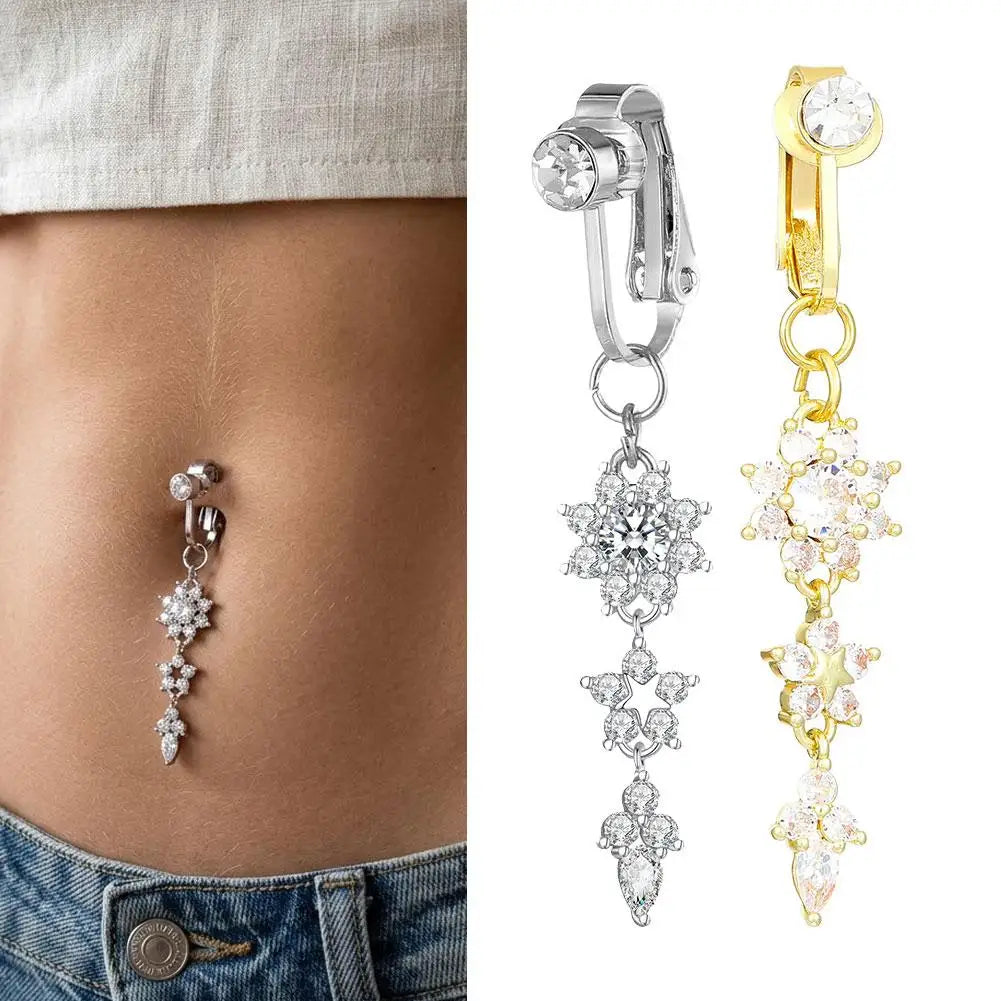 Clip-On Belly Button Ring | No-Piercing CZ Dangle Navel Ring Clip-On Navel Ring QXL