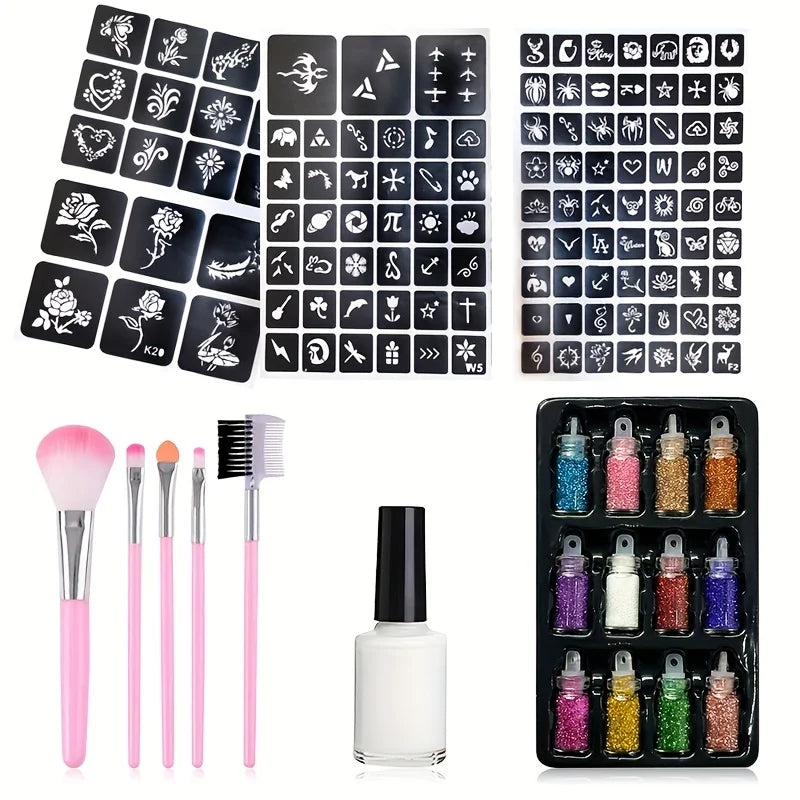 12-Color Temporary Tattoo Glitter Kit | Glue, Brushes & Stencils Body Glitter Kit QXL Set B