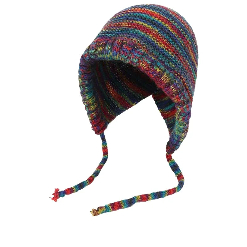 Rainbow Striped Knit Beanie Hat | Women's Winter Ear Warmer Knit Beanie Hat QXL Multicolor