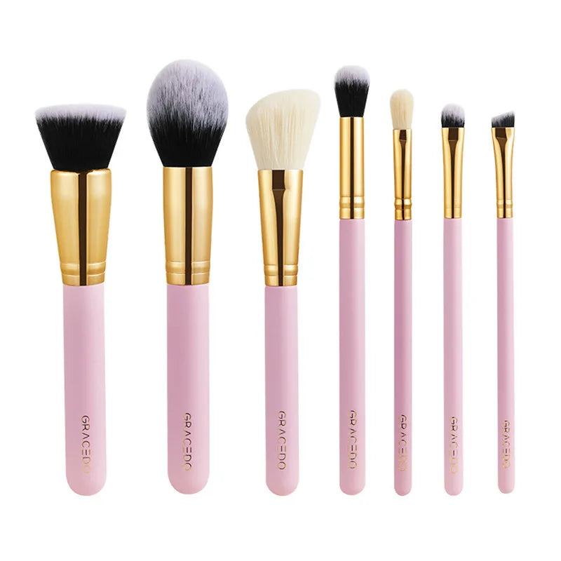 7-Piece Pink Makeup Brush Set | Wood Handle Nylon Bristles Makeup Brush Set QXL