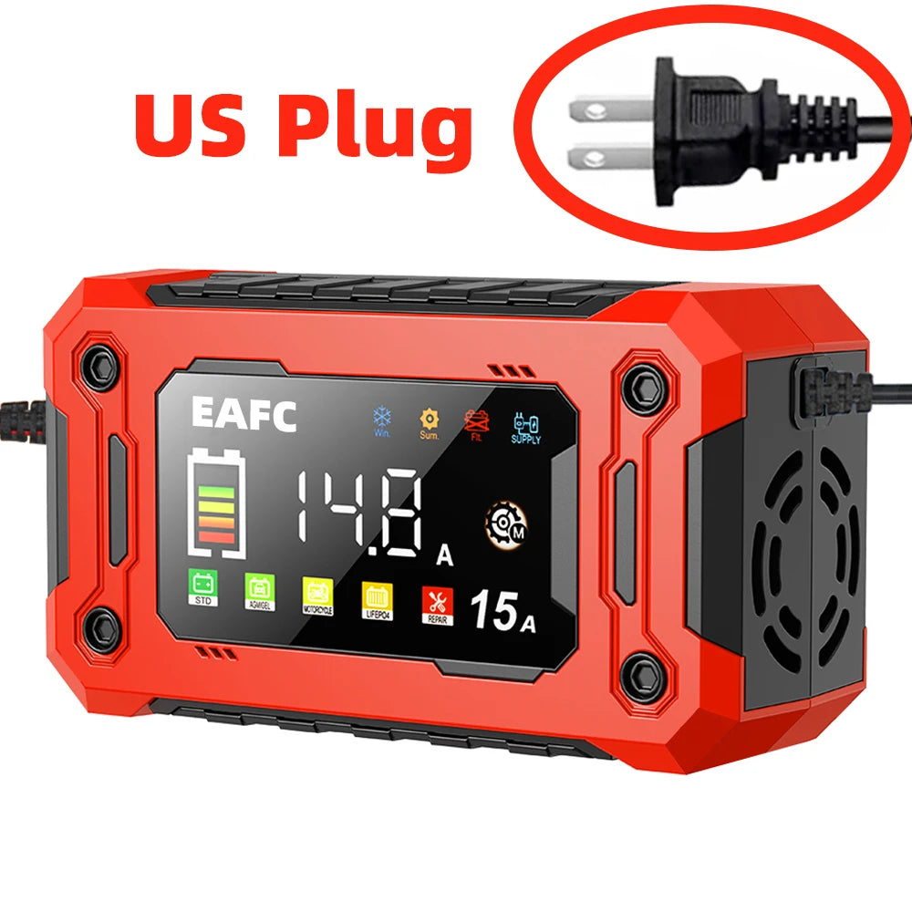 EAFC 12V 15A Smart Car Battery Charger with LCD Display Car Battery Charger QXL US plus 15A