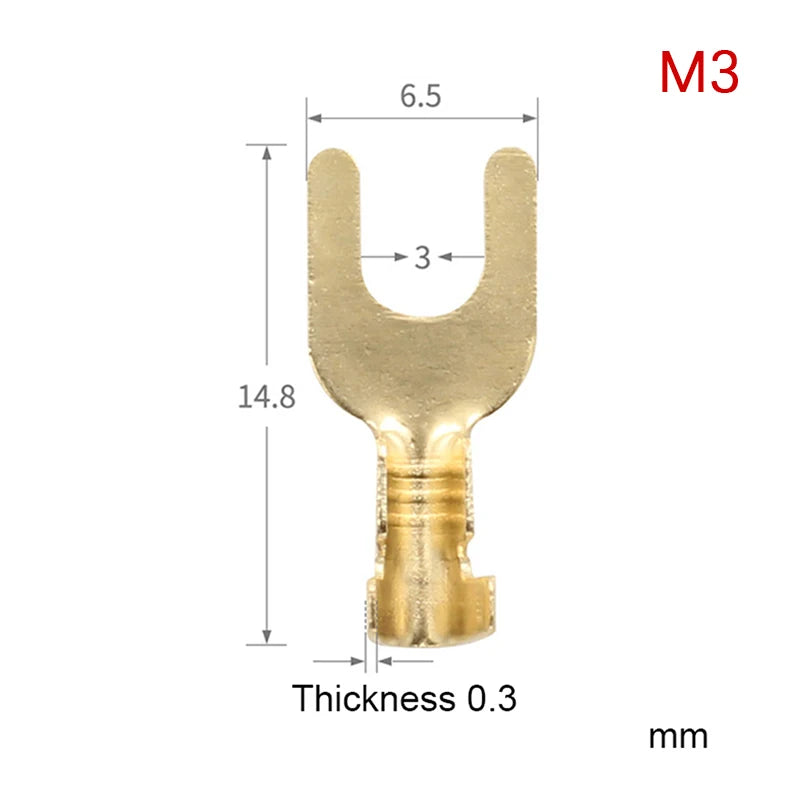 100-Pack Brass U-Fork Crimp Terminals 3.2–6.2mm Grounding Lugs Crimp Terminal Lugs QXL M3