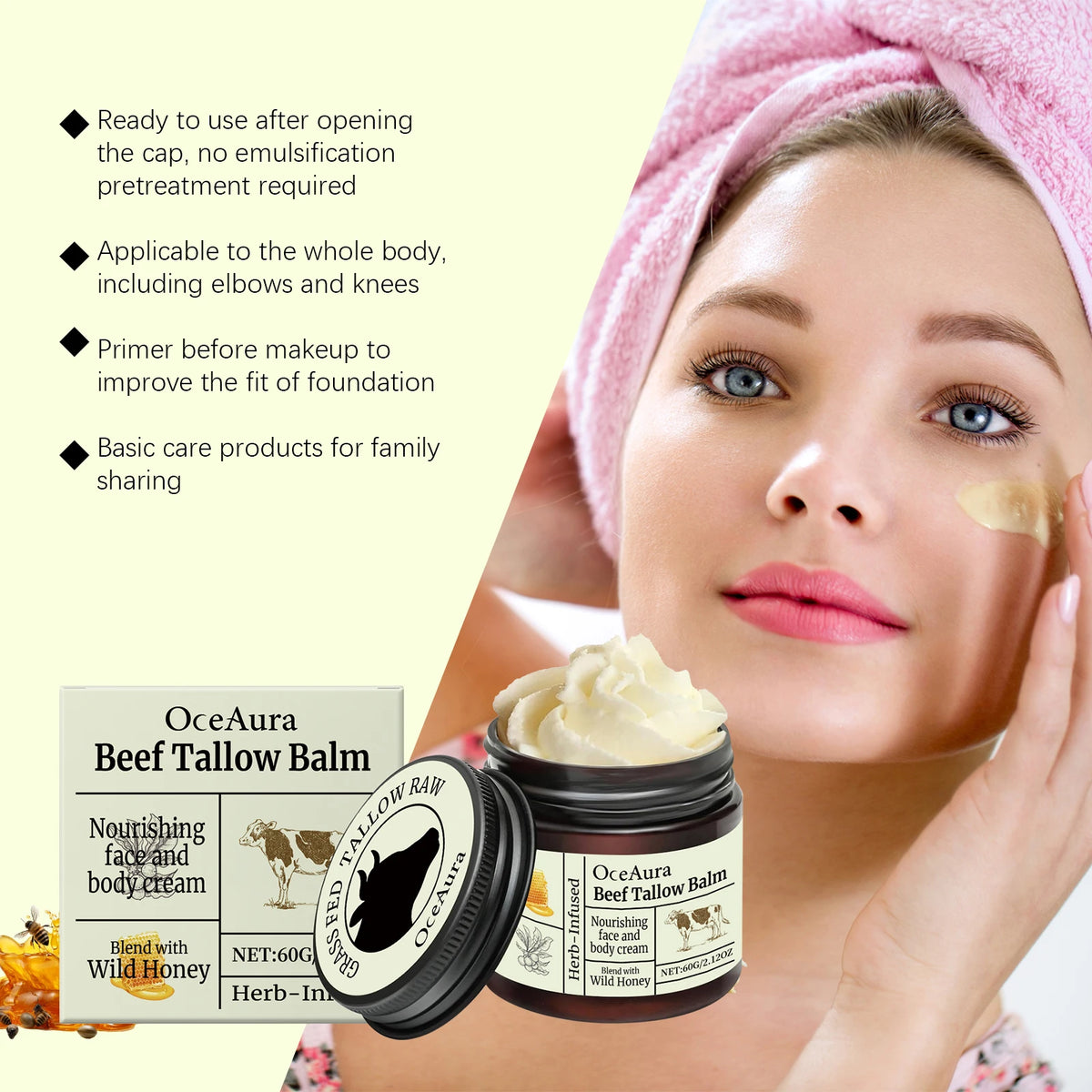 OceAura Beef Tallow Face & Body Moisturizer Cream | Anti-Aging Tallow Moisturizer Cream QXL