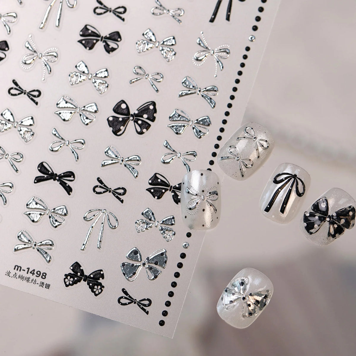 5D Bow Nail Stickers Y2K Polka Dot Silver Embossed Decals Nail Art Stickers QXL