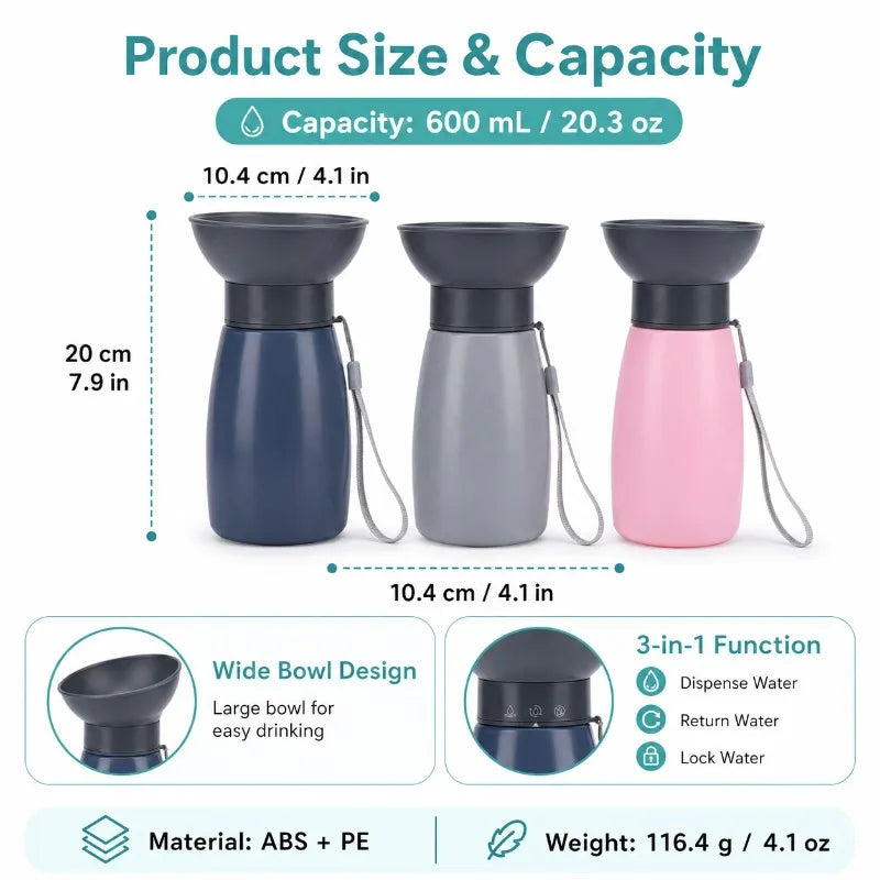 600mL Portable Dog Water Bottle | One-Hand Squeeze Rigid Bowl Pet Travel Water Bottle QXL