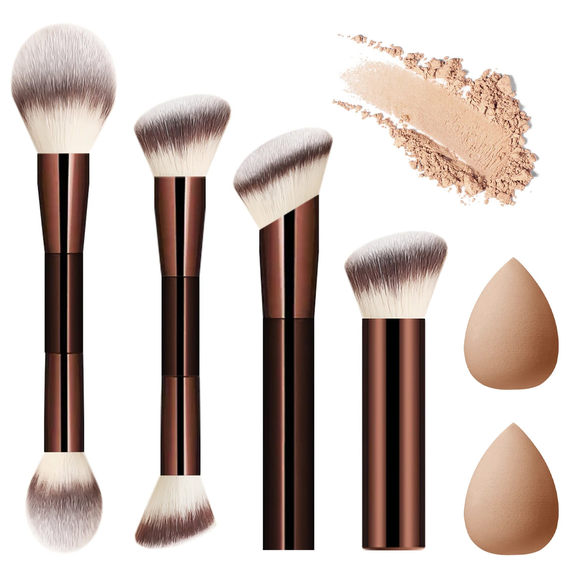 4-Pc Retractable Makeup Brush Set | Powder, Contour & Sponge Makeup Brush Set QXL Chocolate