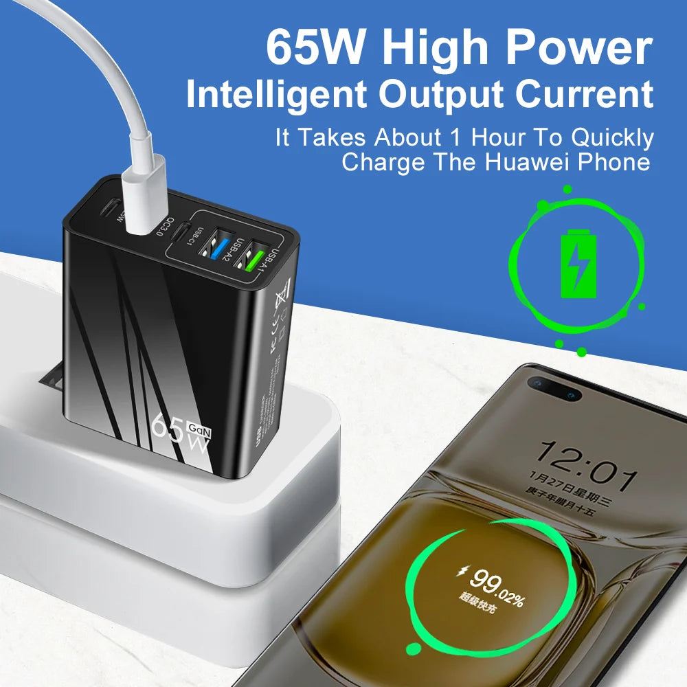 GaN 65W 5-Port USB Wall Charger | PD & QC 3.0 Fast Charge USB Wall Charger QXL