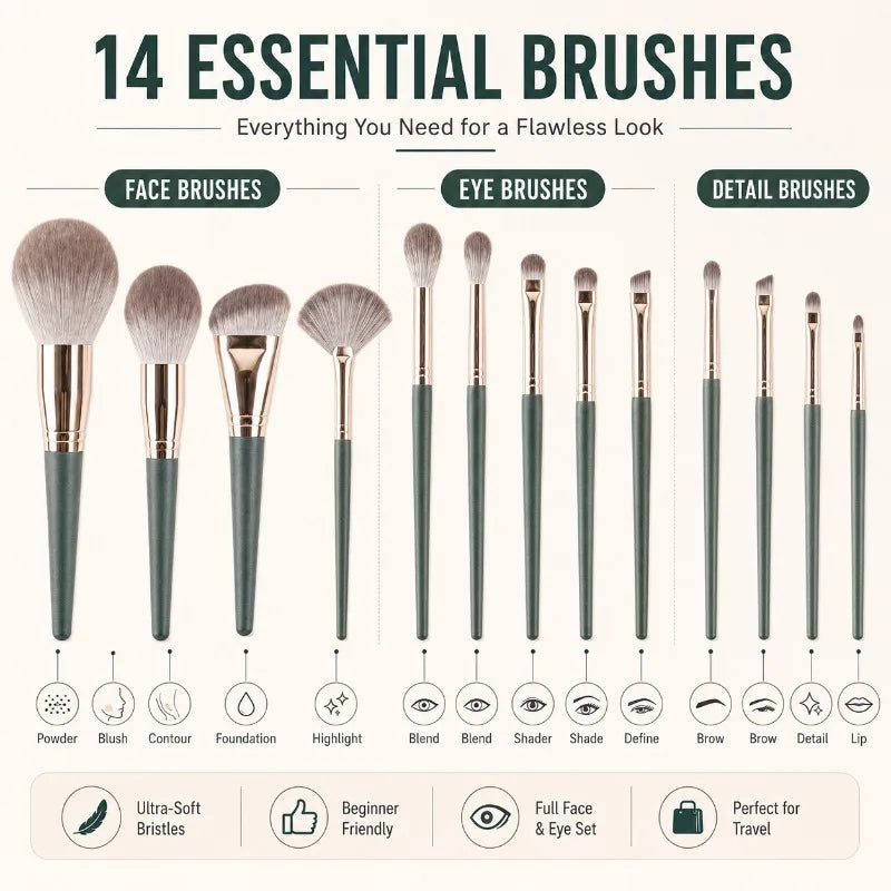 14-Pc Green Makeup Brush Set | Soft Synthetic Bristles Makeup Brush Set QXL