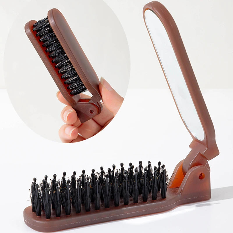 Foldable Boar Bristle Travel Hair Brush with Mirror | Pocket Travel Hair Brush QXL