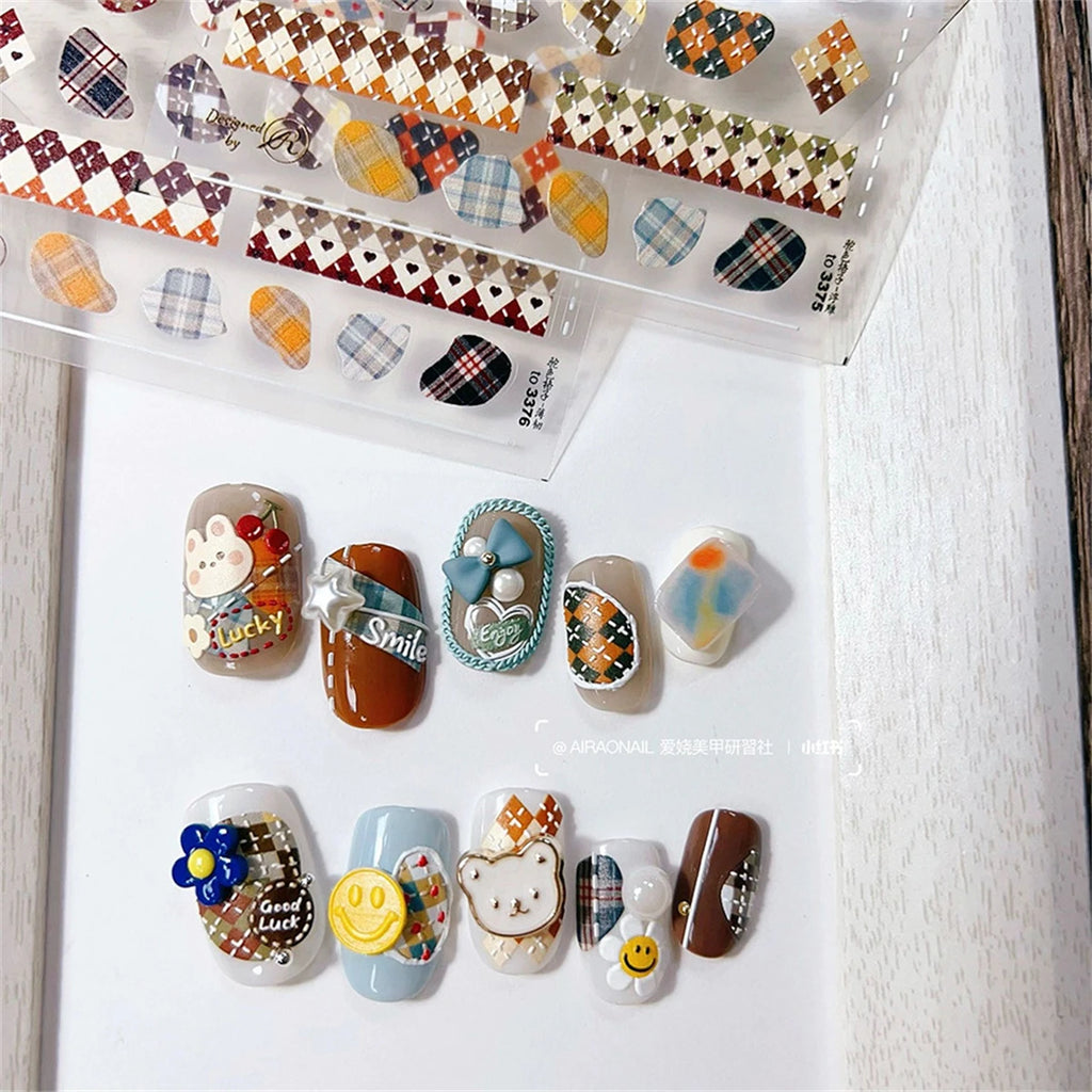 5D Kawaii Cartoon Nail Art Stickers | Checkered Floral Decals Nail Art Stickers QXL