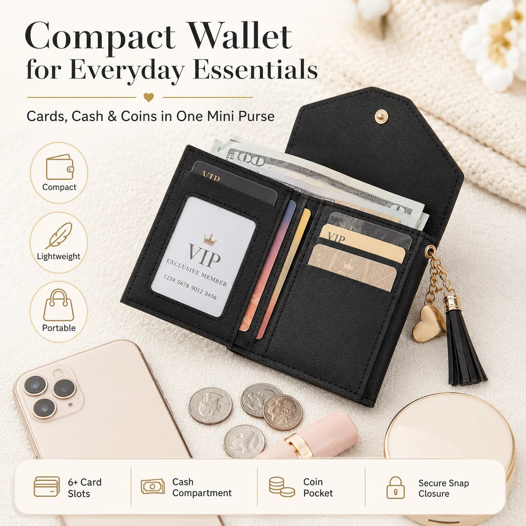 Women's Mini Clutch Wallet – Gold Snap, Tassel & Card Slots Mini Clutch Wallet QXL