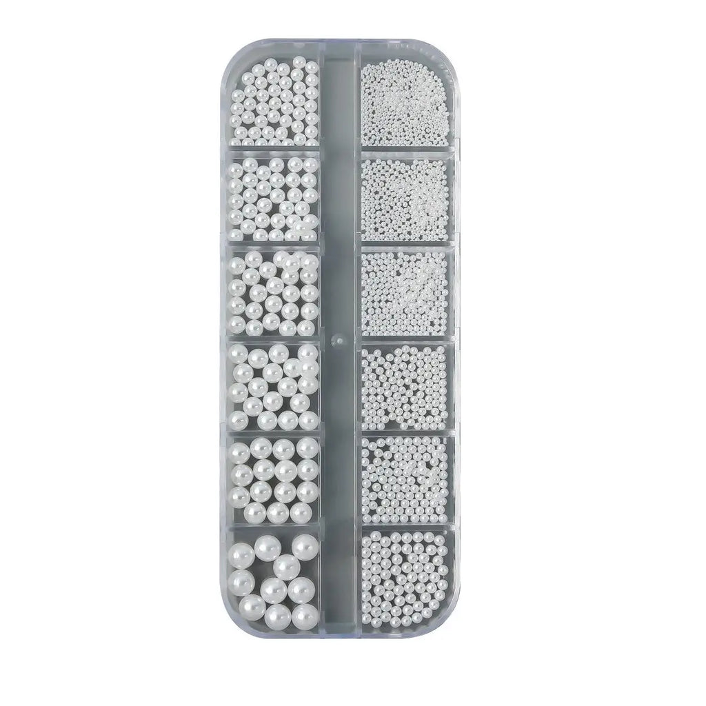 12-Grid Mixed White Pearl Nail Charms | Flatback Bead Set Nail Art Pearls QXL A