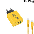 65W GaN USB-C Fast Charger | 3-Port PD Power Adapter USB-C GaN Charger QXL EU Yellow 1.5M Cable