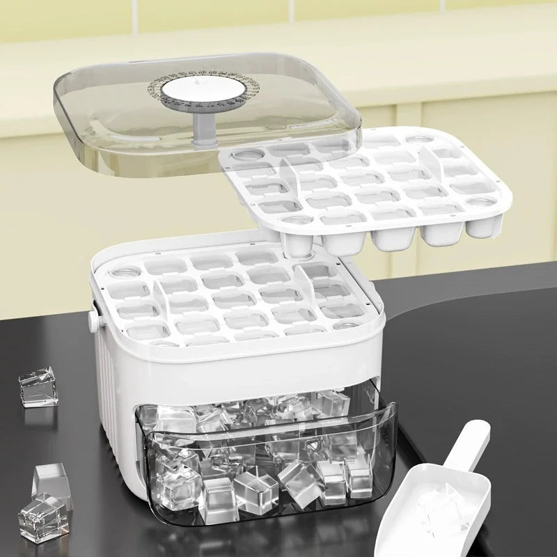 Double Layer Ice Cube Tray with Lid, Bin & Drawer Handle Ice Cube Tray QXL White
