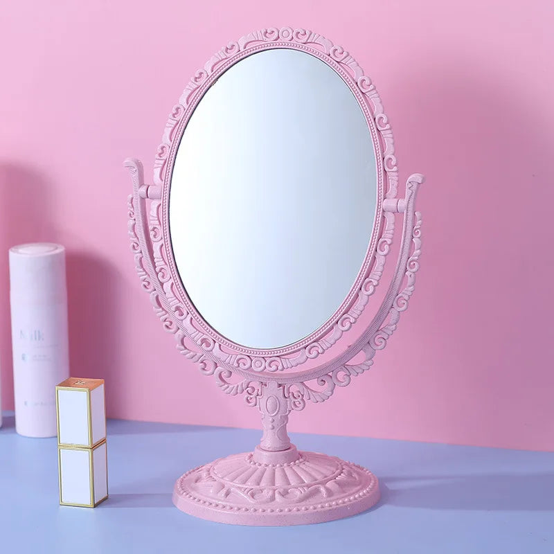 Double-Sided Vintage Rotating Makeup Mirror | Heart Oval Desktop Makeup Mirror QXL Oval Pink