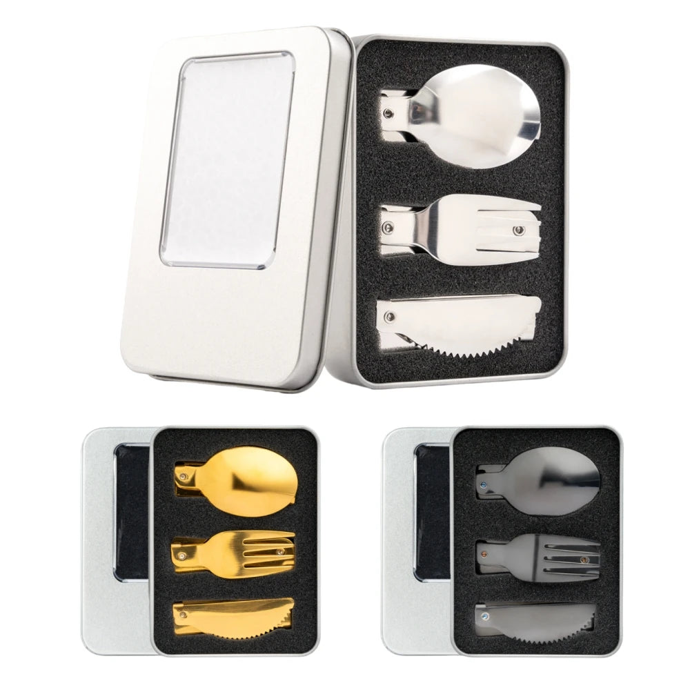 3-Piece Foldable Stainless Steel Camping Cutlery Set & Case Camping Cutlery Set QXL