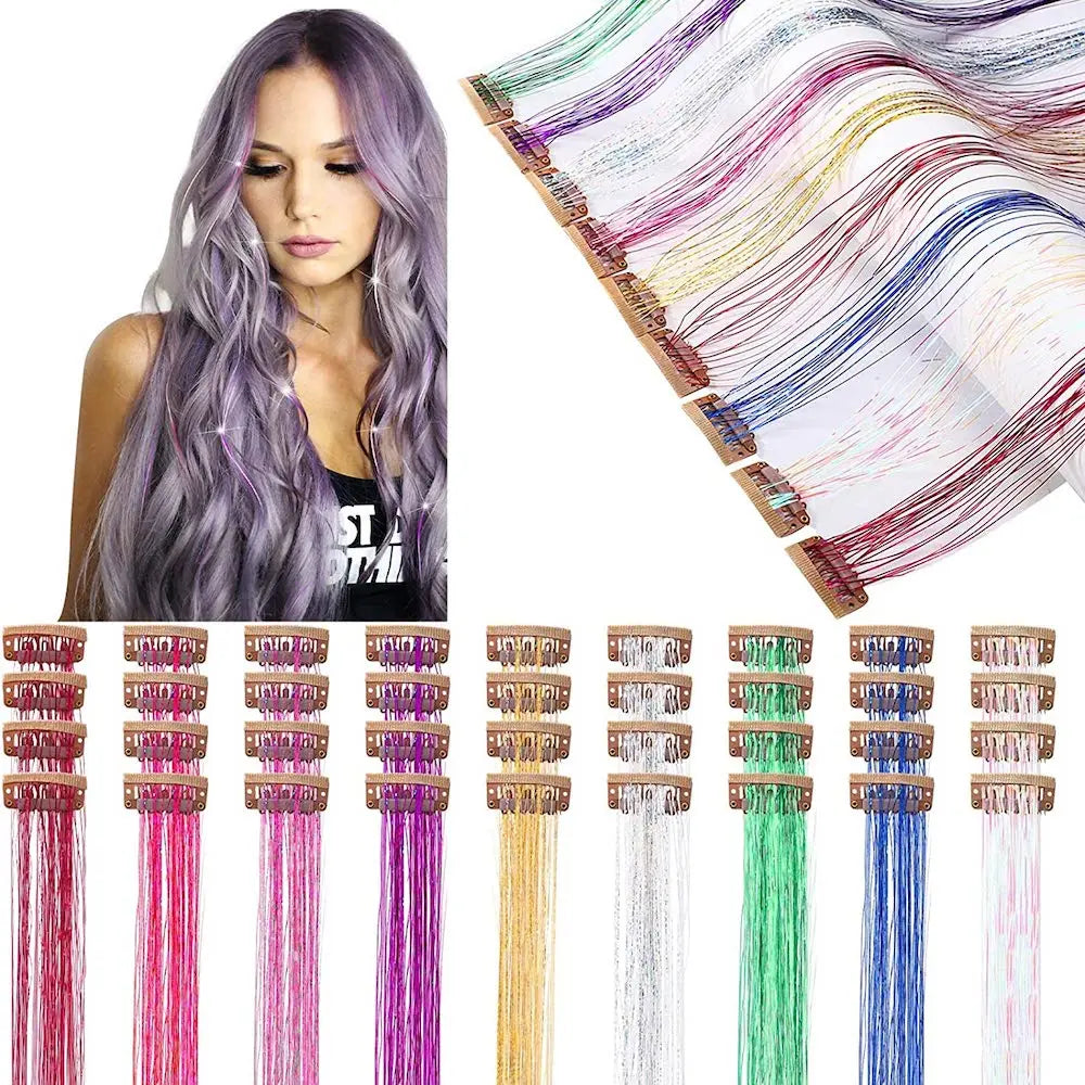 6-Pack Clip-In Shiny Hair Tinsel Extensions | 50cm Synthetic Clip-In Hair Tinsel QXL