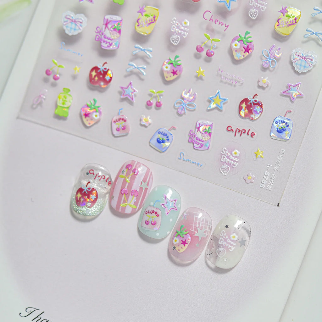 Summer Fruit 5D Nail Stickers – Strawberry Cherry Floral Decals Nail Art Stickers QXL