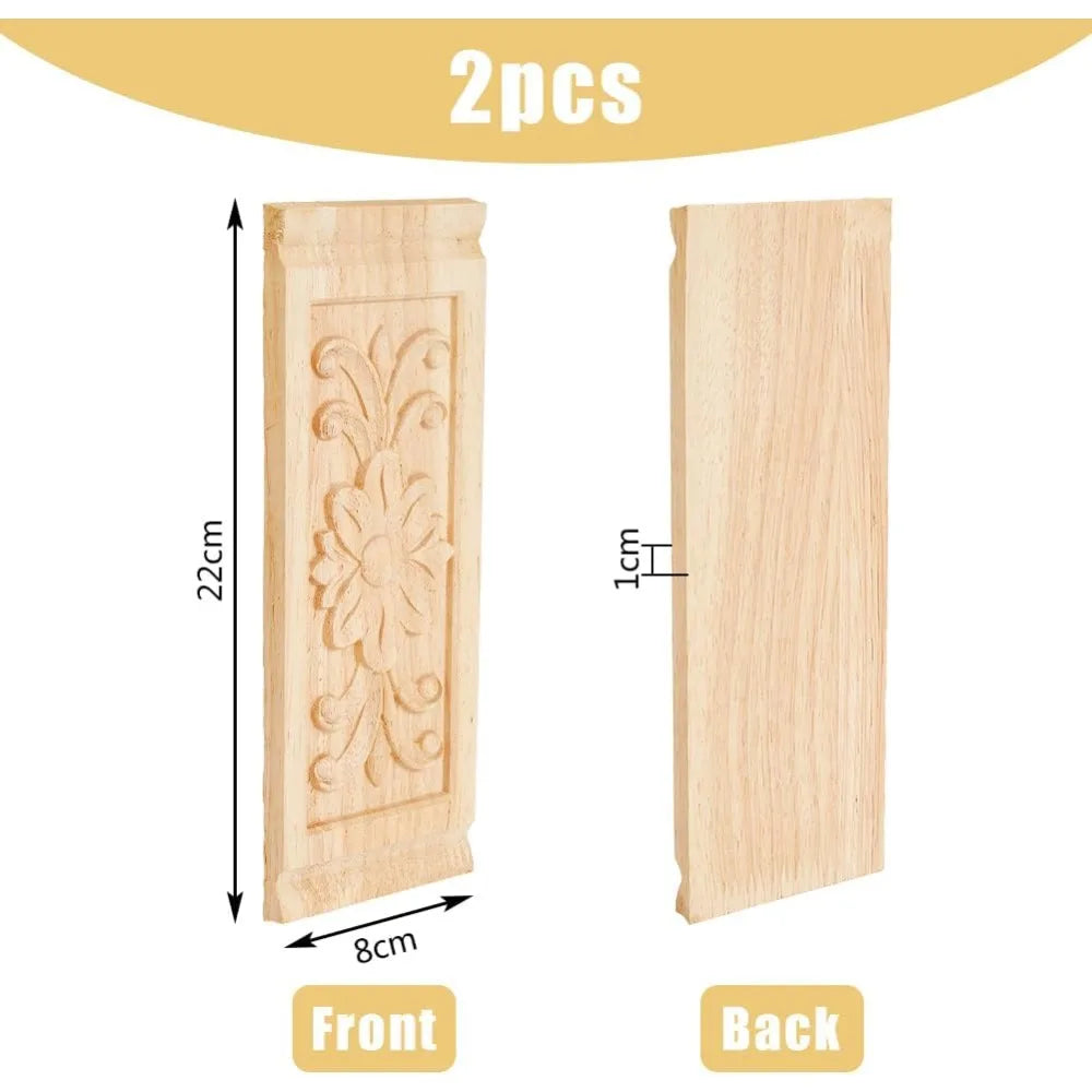 2-Pack Rectangle Wood Carved Applique | Floral Furniture Onlay Wood Carved Applique QXL