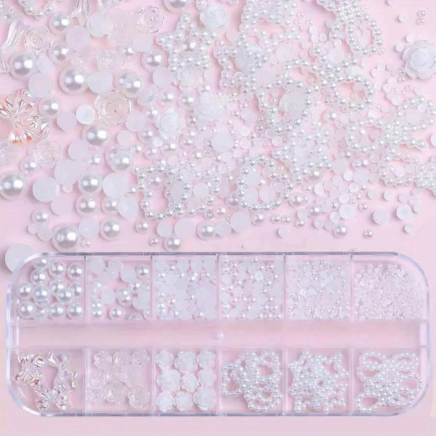12-Grid Kawaii Nail Art Charms | Pearls, Bows, Hearts & Stars Nail Art Charms QXL
